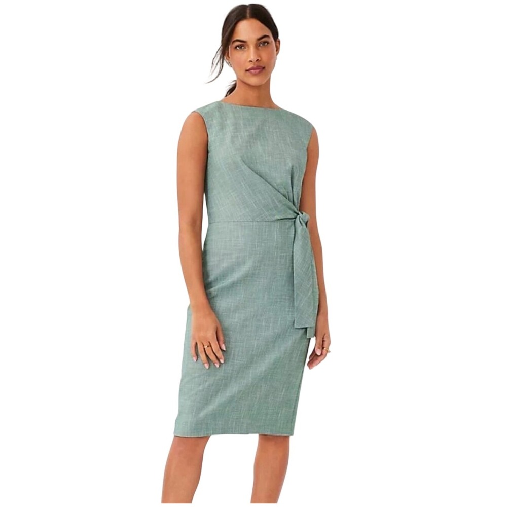 Ann Taylor Sheath Dress Sage Green Faux Wrap Tie Waist Career Professional 14